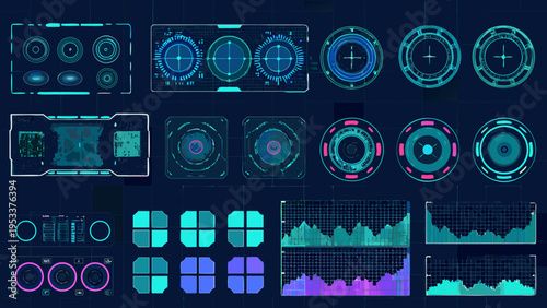 Futuristic user interface elements with glowing neon lines and digital displays