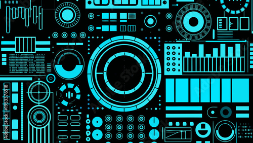 Abstract futuristic interface with glowing cyan elements on a black background