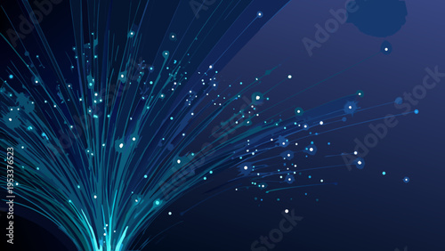 Abstract blue light streaks and sparkling particles against a dark background