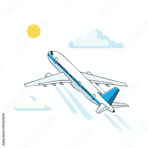 A cartoon airplane ascends into a sky with a sun and clouds