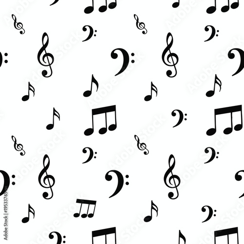 Black music notes and clefs scattered across a white background in a pattern