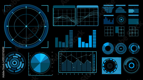 Abstract blue technological interface with data visualizations and geometric elements