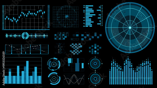 Abstract data visualization with various charts and digital radar elements