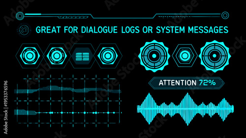 Futuristic interface elements with neon blue glows on a dark background