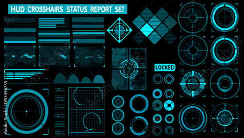 Futuristic hud elements and status report interface design in teal tones