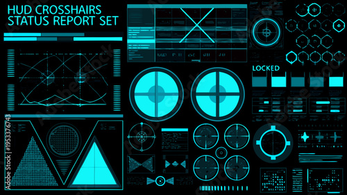 Futuristic heads up display elements with crosshairs and status indicators