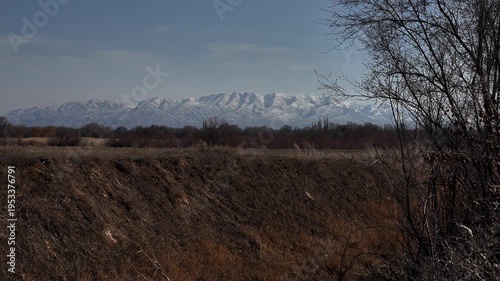 Rural autumn landscape, endless expanses and snow-capped mountains in the background, medium shot