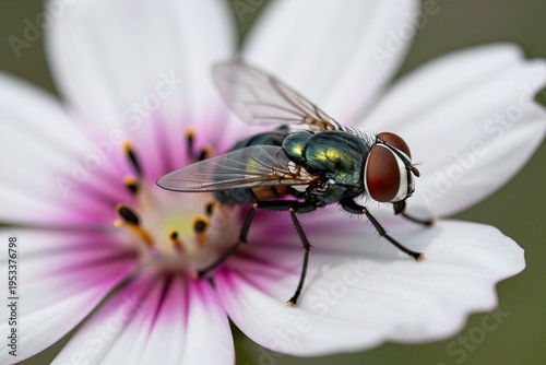 Obraz na płótnie A fly is sitting on a white flower. 