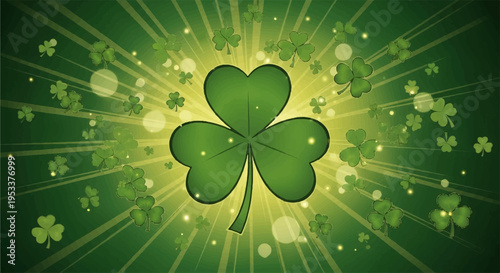 Lucky four leaf clover with radiant green glow and shamrocks on dark background for st patrick's day