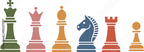 Chess pieces set illustration, king queen bishop knight rook pawn icons, strategy game symbols, colorful flat design, isolated vector collection