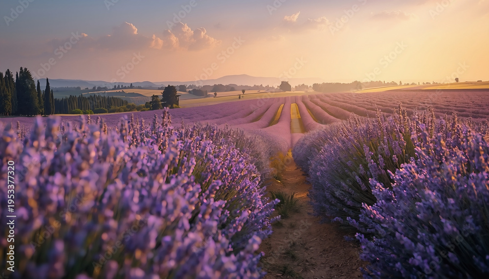 Fototapeta premium Lavender fields stretch across the landscape at sunset