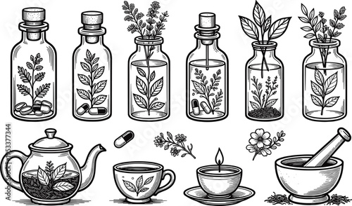 Vintage Hand Drawn Black and White Illustration of Herbal Medicine Bottles Apothecary Jars Tea Pot Mortar and Pestle for Holistic Wellness and Natural Healing