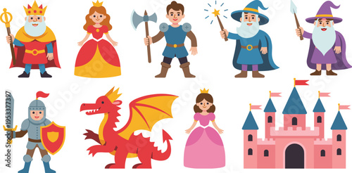 Fantasy characters collection, king queen knight wizard dragon princess castle, medieval fairytale set, colorful cartoon illustration, magical story design