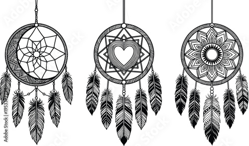Vintage Hand Drawn Dreamcatcher Illustration Set Featuring Celestial Moon Heart and Mandala Designs with Feathers for Boho Decor Spiritual Wellness and Tribal Art Projects