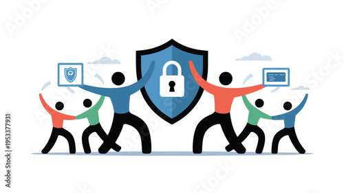 Four Cartoon People Protecting Blue Shield With Padlock And Computers For Cybersecurity Concepts