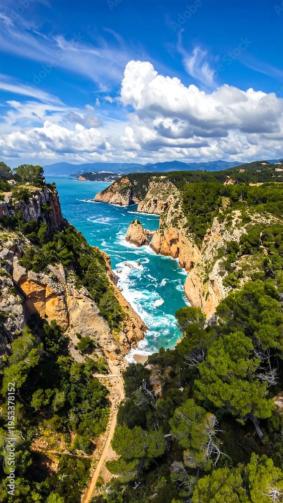 Fototapeta premium Aerial view of rugged coastline with blue waters and cliffs