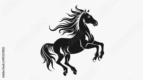 Black horse silhouette rearing with flowing mane isolated on white background
