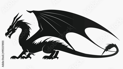 Black dragon silhouette isolated on white background for fantasy illustration