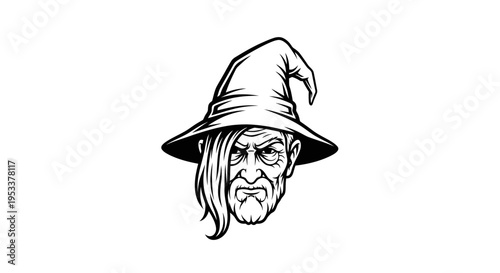 Black and white illustration of a wizard with a pointed hat on white background