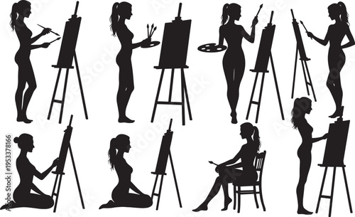 Female artist silhouettes painting on easel set, creative women drawing with brushes palette studio art vector illustration collection isolated