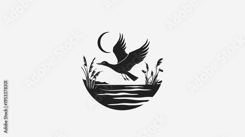 Silhouette of a flying duck with reeds moon and water on white background