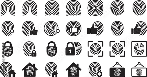 Fingerprint icons set with biometric security symbols, touch ID authentication signs collection, modern identity verification vector illustration pack