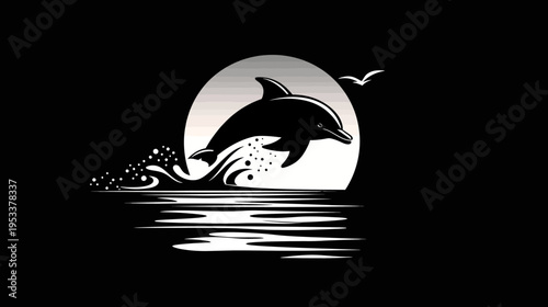 Dolphin leaping from water silhouette against a moon background design