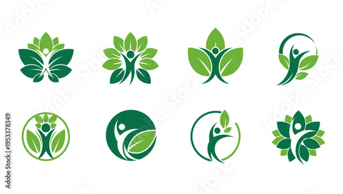 Abstract green leaf human figure logos for health and wellness designs