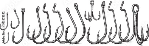 Fishing hooks set vector illustration, hand drawn vintage tackle collection with various hook shapes, angling equipment engraving style design