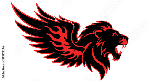 Winged lion graphic illustration fierce animal emblem on white background