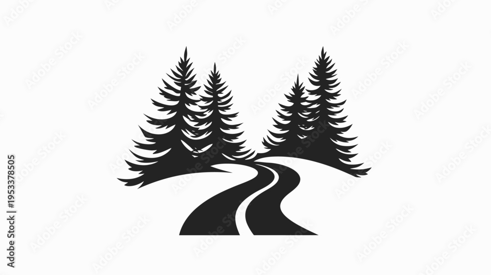 Obraz premium Road through evergreen trees black and white illustration