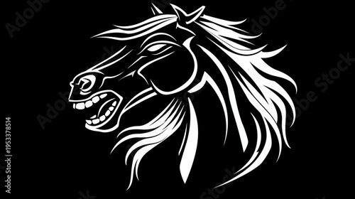 Bold black and white illustration of a rearing horse head with aggressive expression