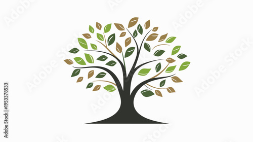 Stylized tree illustration with vibrant green and brown leaves against white