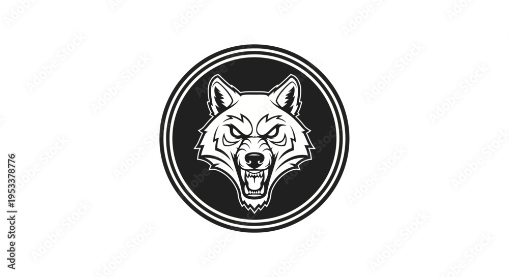 Obraz premium Stylized wolf head illustration inside a circular frame isolated on white