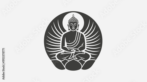 Meditating buddha silhouette artwork against white background symbol of peace
