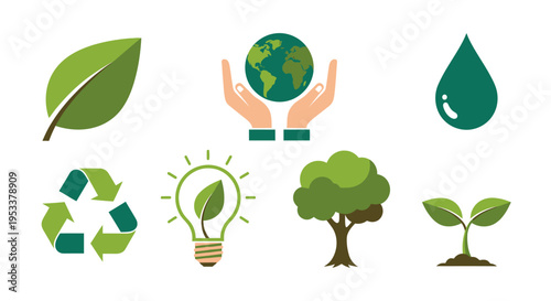 Eco friendly icons green leaf earth hand water drop recycle concept