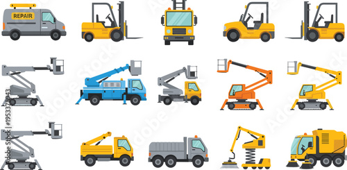 Heavy construction machinery and industrial vehicle set featuring yellow forklifts, repair van, telescopic boom lifts, hydraulic cherry picker, street sweeper, and crawler crane for logistics.