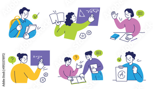 School scenes set with flat cartoon students and teacher. Answer at blackboard, lesson explanation, teacher helping pupil, student raising hand, schoolboy with backpack. Education vector illustration