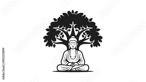 Meditating buddha under tree vector illustration for spirituality and peace