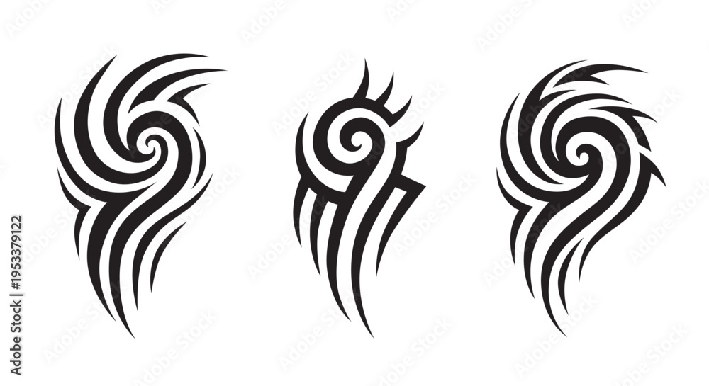Obraz premium Abstract tribal patterns swirl in bold black lines. Symmetrical designs echo ancient, spiritual symbols. Each motif radiates power and mystery through flowing curves. Perfect for tattoos, fashion