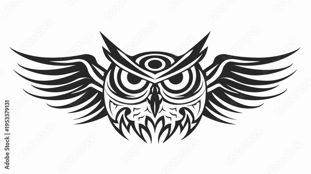Obraz premium Intricate owl illustration with spread wings in detailed black and white design