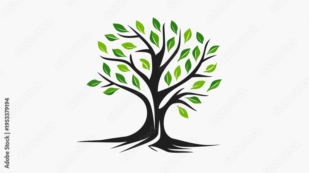 Obraz premium Stylized tree illustration with green leaves and black branches isolated on white