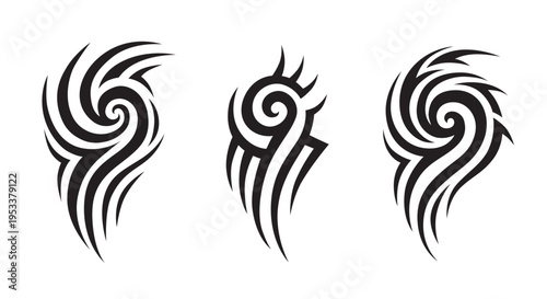 Abstract tribal patterns swirl in bold black lines. Symmetrical designs echo ancient, spiritual symbols. Each motif radiates power and mystery through flowing curves. Perfect for tattoos, fashion