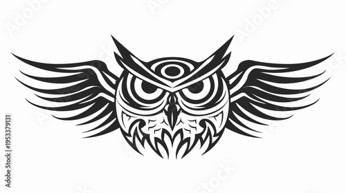 Intricate owl illustration with spread wings in detailed black and white design