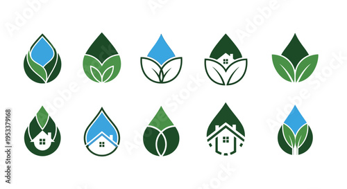 Abstract water drop logos with leaves and house silhouette graphic designs