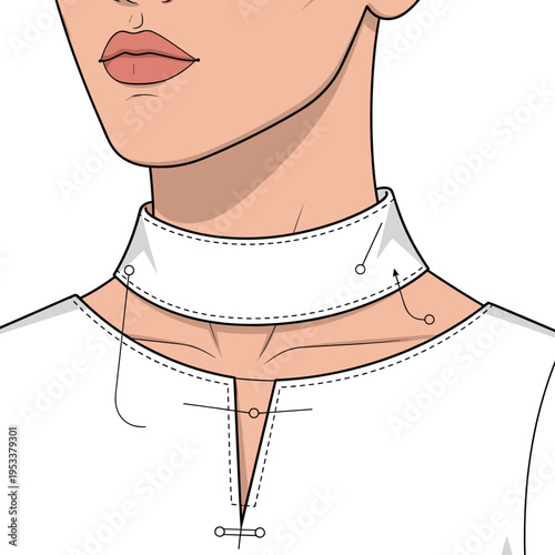 Illustration of a womans neckline with a stylish cutout design, featuring a white isolated background and detailed stitching patterns