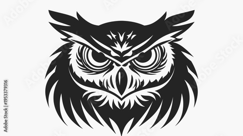 Intense owl head graphic illustration in black and white
