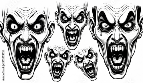 Black and white horror face illustration set creepy t shirt design isolated on transparent background