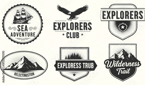 Black and white vintage badge t shirt design set retro emblem isolated on transparent background