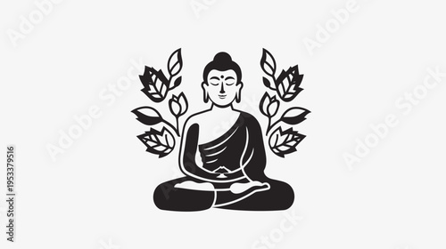 Meditating buddha illustration with floral elements on white background